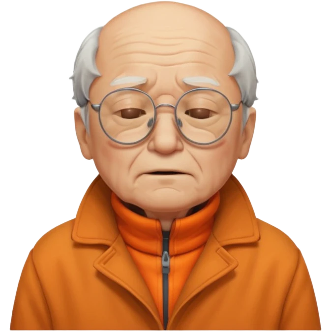 old man with orange high collar shirt and a thick coat wearing glass while closing his eyes emoji