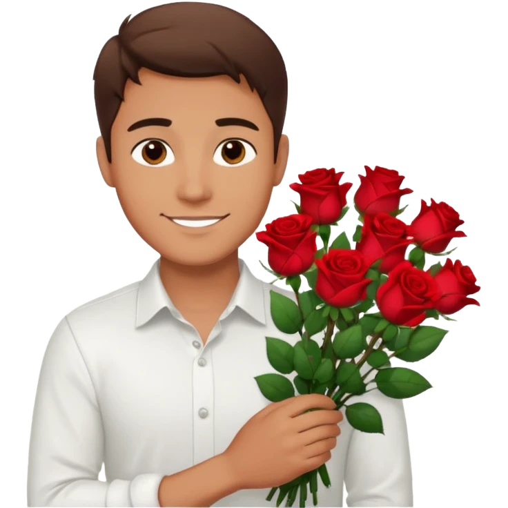 male memoji, handsome man in white shirt, holding a big bouquet of red roses, gentle smile, soft romantic eyes emoji
