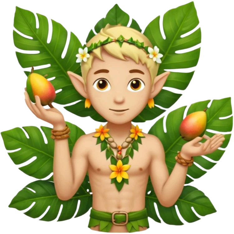 male elf in open palm-leaf shirt, offering mango. Flower necklace, sandals emoji