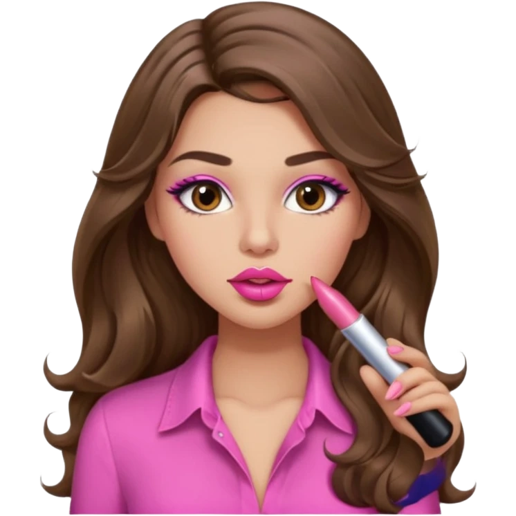 girl with long wavy brown hair, brown eyes, light to medium complexion, in a pink sexy shirt, pink lips, long lashes, puckered lips, putting on lipstick emoji