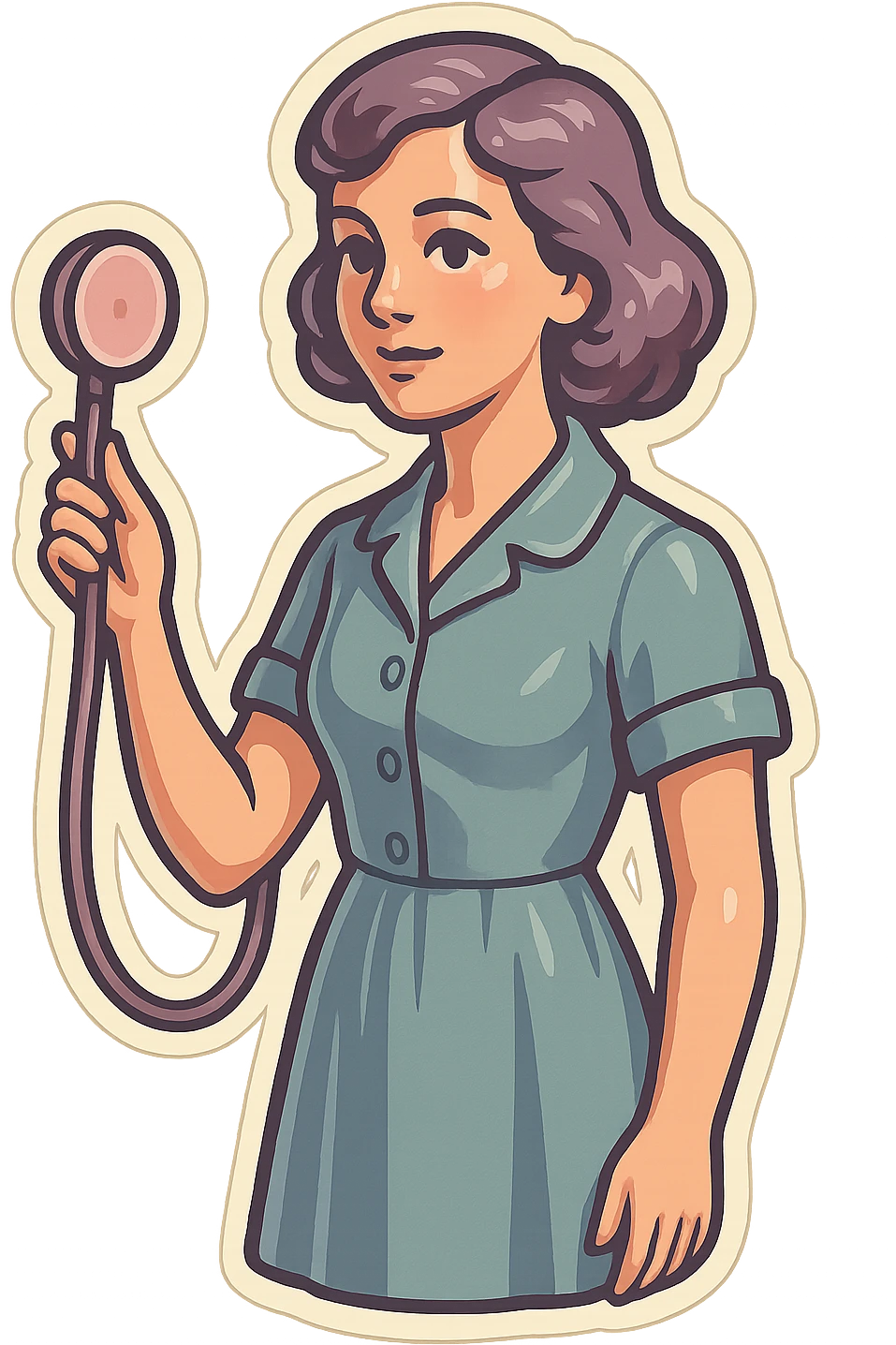 girl with appearance and clothing like the reference, holding an obstetric stethoscope in one hand, other hand down, pose in three quarters, detailed shadows and highlights, thin clean contours, soft rounded shapes, pastel palette #98B5BC, #B5B3C1, #C9A3C9, #E4C0CA, #F7DCD1, #F7C0AA, soft lighting, transparent background, no decorative elements, reference: https://attic.sh/jau3edb21wpllq8y3t37clkve1d7 emoji