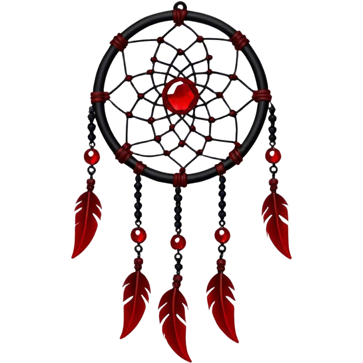 Blood-red, bloody, obsidian-black, edgy, dream catcher, red gemstones, black wires, black threads, tiny white skulls, emoji