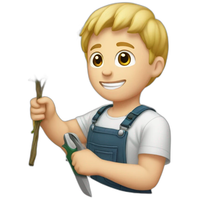 white kid trimming a decorative bush emoji