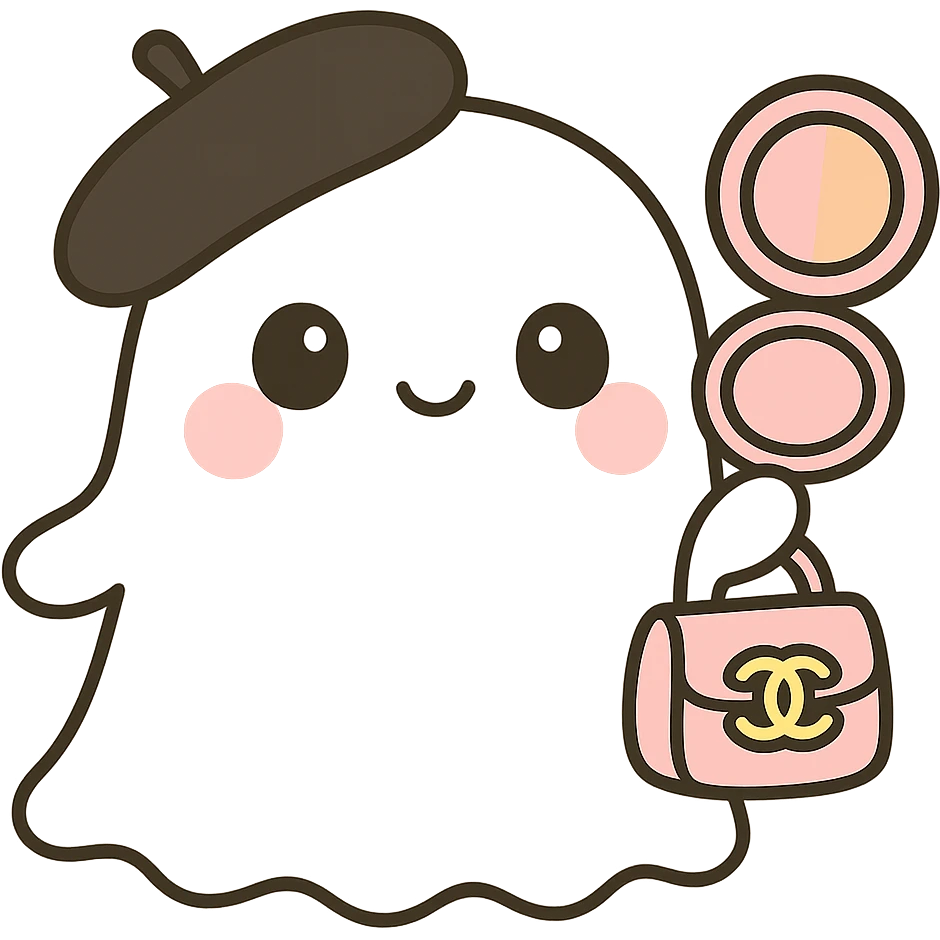 Make the ghost white. Place the blush compact in the hand opposite the pink Chanel purse, so each hand holds a different item. The blush inside the compact should be half pink and half orange. Keep the black beret. No background. emoji