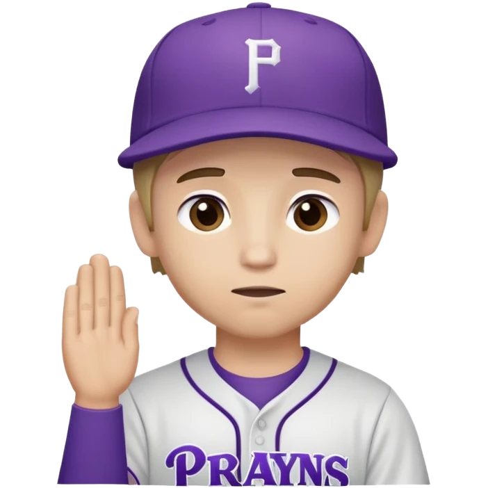 A Caucasian baseball player wearing purple hat praying emoji