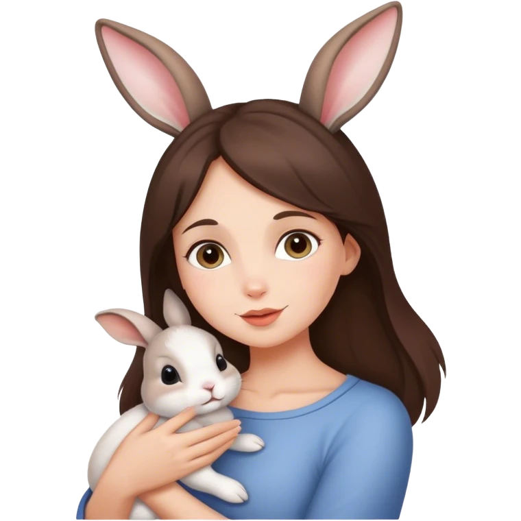a beutifull burnnete woman holding a beautiful child while on the childs head is a little rabbit emoji