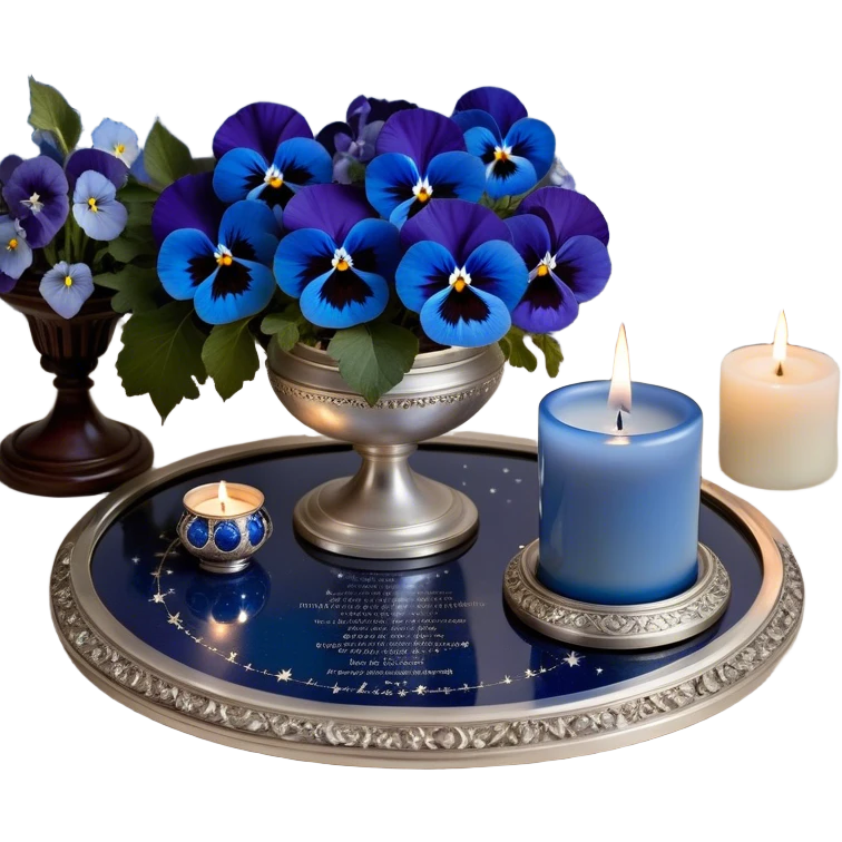 An enchanting night scene where deep blue and light blue pansies gently sway under the soft light of a silver crescent moon. A round, pearl-colored candle sits at the center of a sacred astrological altar, surrounded by silver-trimmed star charts and delicate planetary symbols glowing faintly in the twilight. Nearby, a beautifully crafted crystal sphere rests atop an ancient book of celestial wisdom, reflecting the constellations above. The sky is alive with swirling nebulae and zodiac glyphs, forming intricate cosmic patterns. A faint silver doorway, outlined by threads of lunar energy, shimmers in the background, hinting at hidden knowledge beyond the stars. emoji