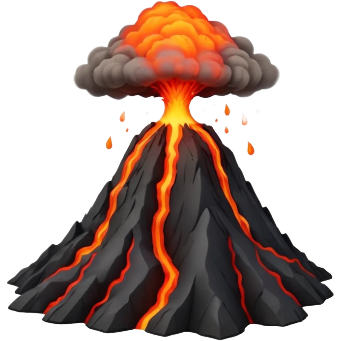 Apple-style 3D emoji of an erupting volcano, dark rocky mountain with a bright red lava flow and glowing orange eruption at the top, some smoke coming out, colorful and cartoonish but realistic enough, no background emoji