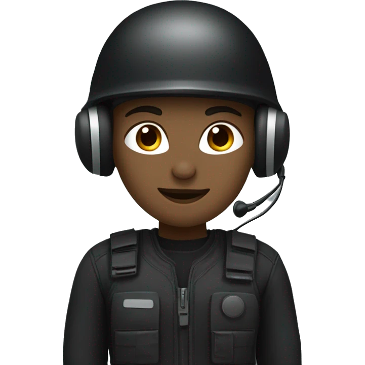 operator dressed in black with a milatary helmet, without glasses, wearing a headset, ready to respond to alerts, preferably female emoji
