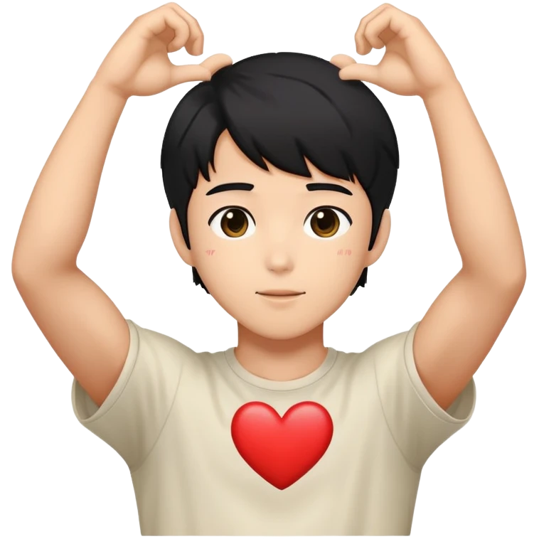Black-haired male idol making a heart shape with his arms above his head, K-pop style emoji