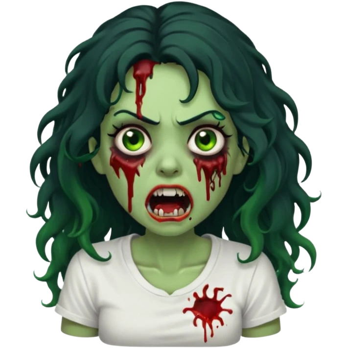 a zombie with long curly black hair volumoso, brown eyes, a white t-shirt and a splash of blood on her t-shirt, mouth open like a zombie, green skin color, not much expression, no drawing on shirt, no hands showing, less blood on her face,  emoji