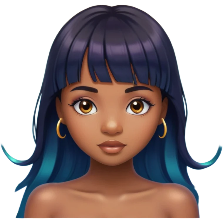 brownskin girl, beautiful girl, mermaid appearance, black straight hair with bangs above eyebrowns, nostril piercing emoji