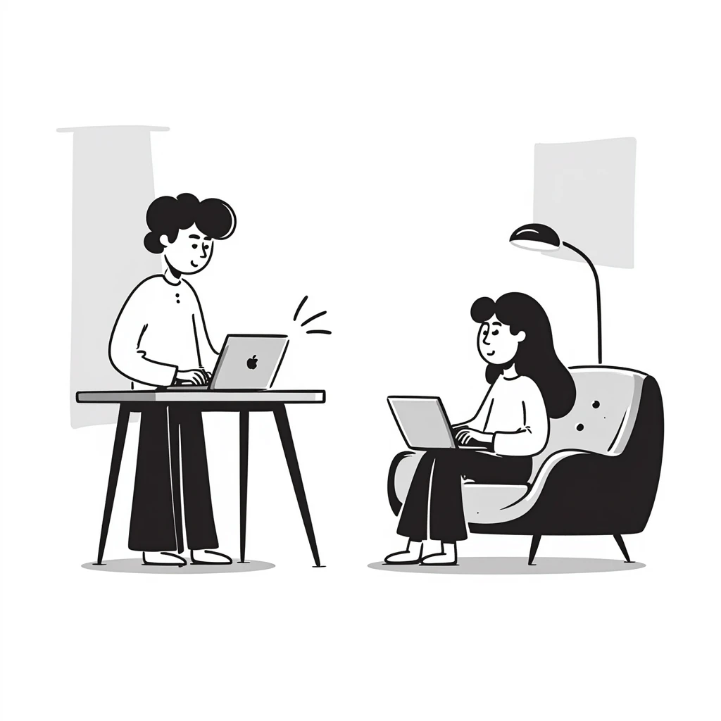 escenary 3d of a cozy mid-century living room with two people working on laptops, one man standing at a desk and one woman sitting on a couch, two walls and floor visible emoji