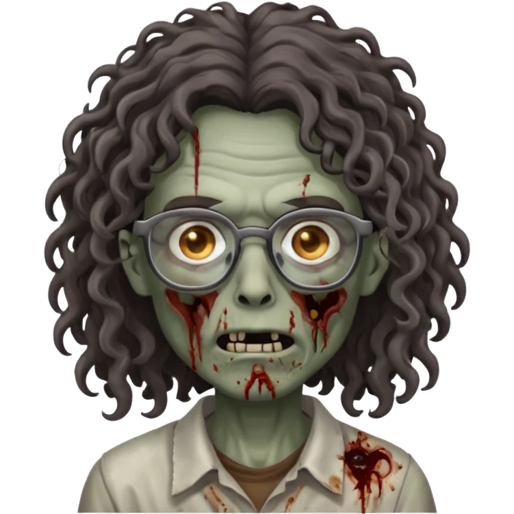 make a zombie with grey skin and long dark brown curly hair and glasses emoji