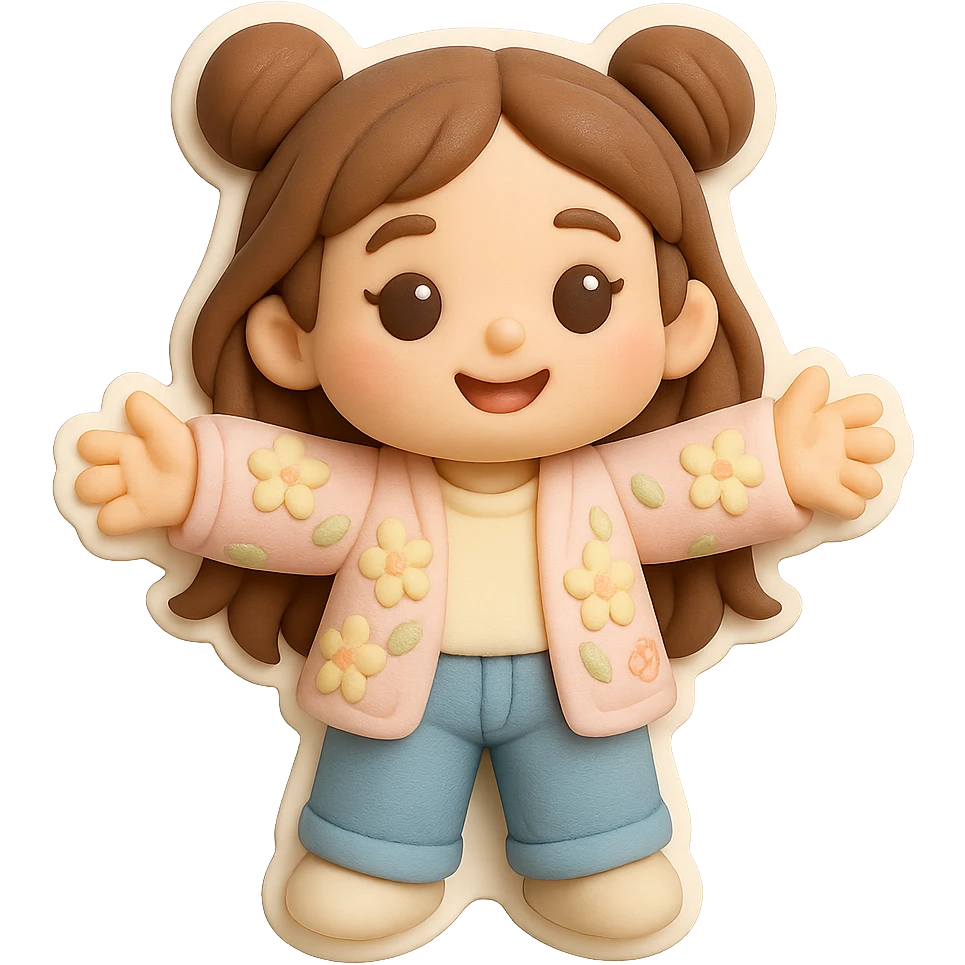 3D chibi fondant cake art style, high-quality rendering with smooth shadows and soft gradients. Girl based on reference image, preserve facial features, long brown hair in two space buns, brown eyes, jeans, pastel floral cardigan, thick white outline like a sticker, transparent background. Reaching out both arms for a joyful hug, consistent appearance with previous stickers. emoji