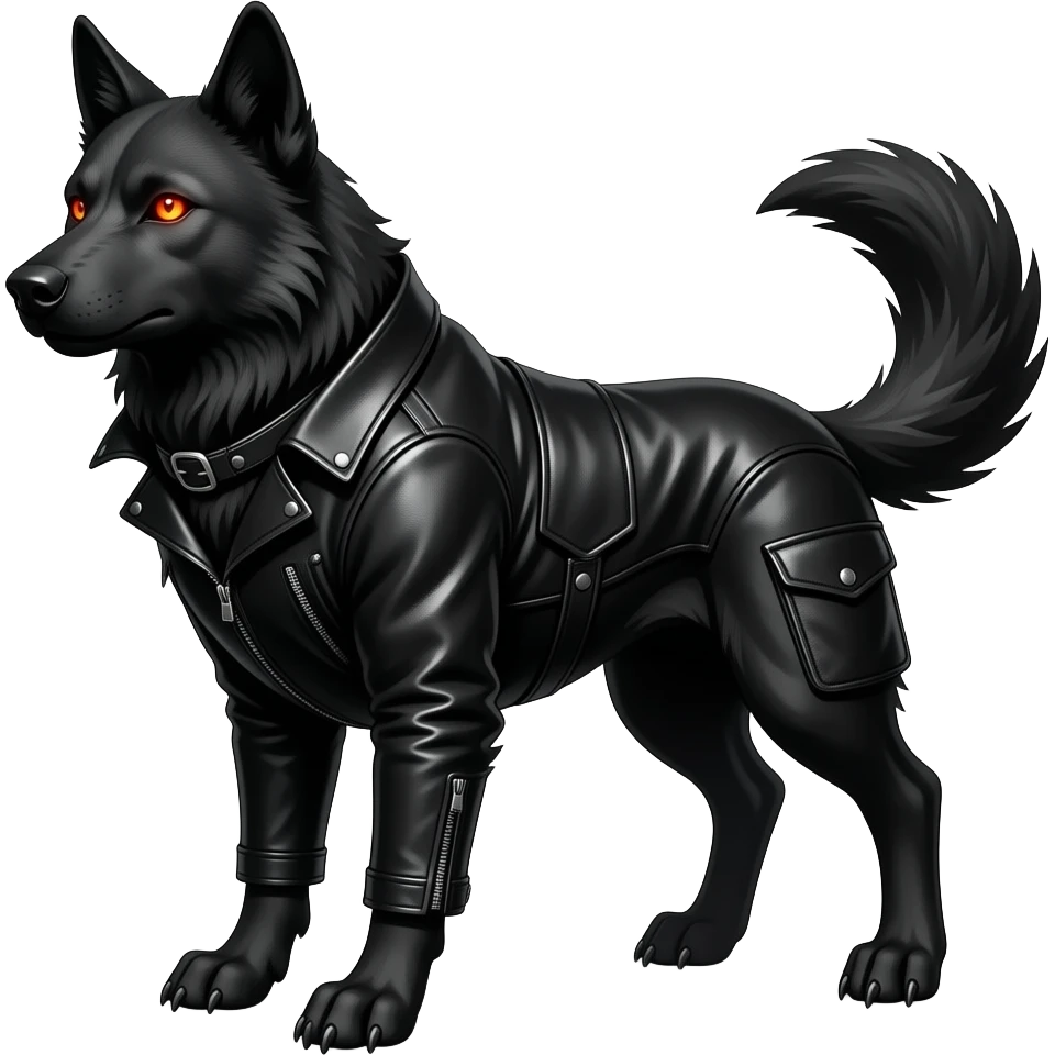 Dark sexy gothic human Hellhound wolf standing up with fiery eyes dressed in leather. Fantasy emoji