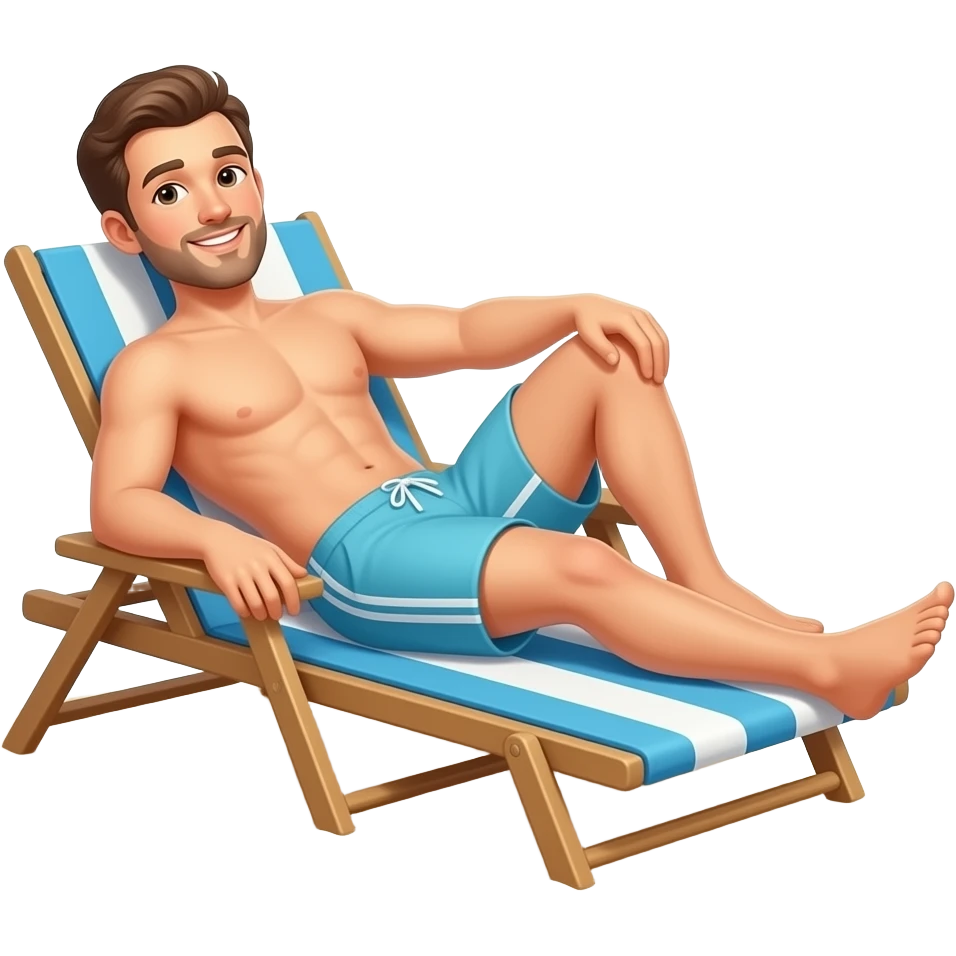 Erstellen ein Emoji von einem Mann der sich in Badehose am Strand als Hintergrund auf einer liege in der Sonne entspannt sonnt emoji