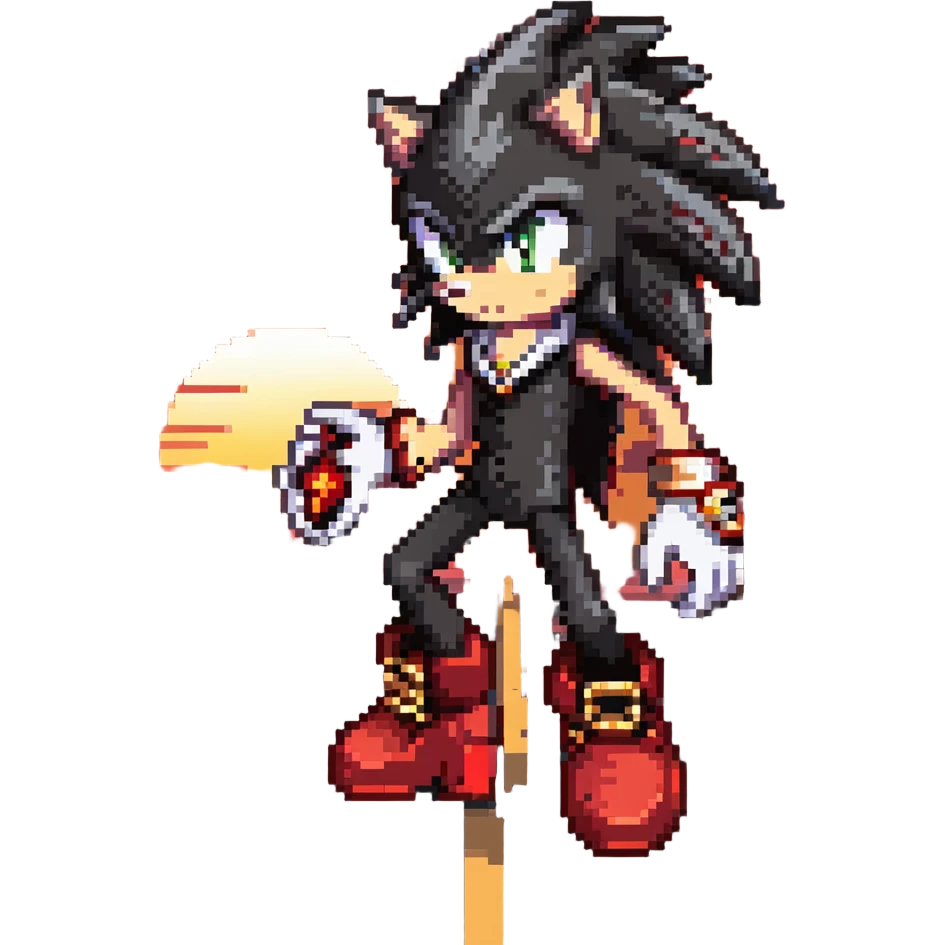 Shadow the Hedgehog on a broken highway at sunset, black and red fur, glowing red hover shoes, white gloves with gold rings, dramatic lighting, city skyline in background emoji