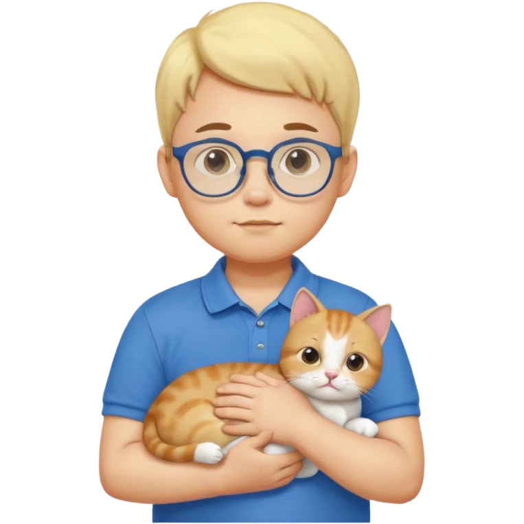 emoji ios, soft boy carrying a cat, light yellow skin, blue polo shirt, bespectacled, cute and a little plump, with slightly chubby cheeks. emoji