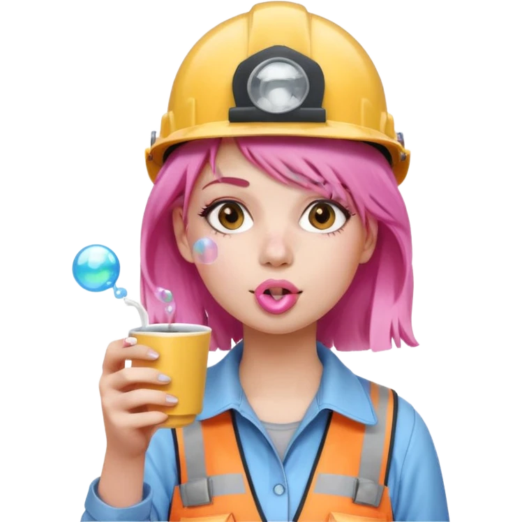 сделай молодую девушку с розовыми волосами, накрашенную красиво, с стаканчиком кофе, в каске, надувающую пузырь из жвачки ртом emoji