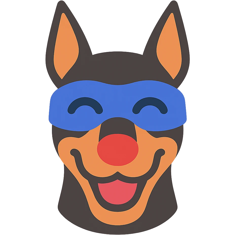 colorful Doberman bandit with a playful, exaggerated design emoji
