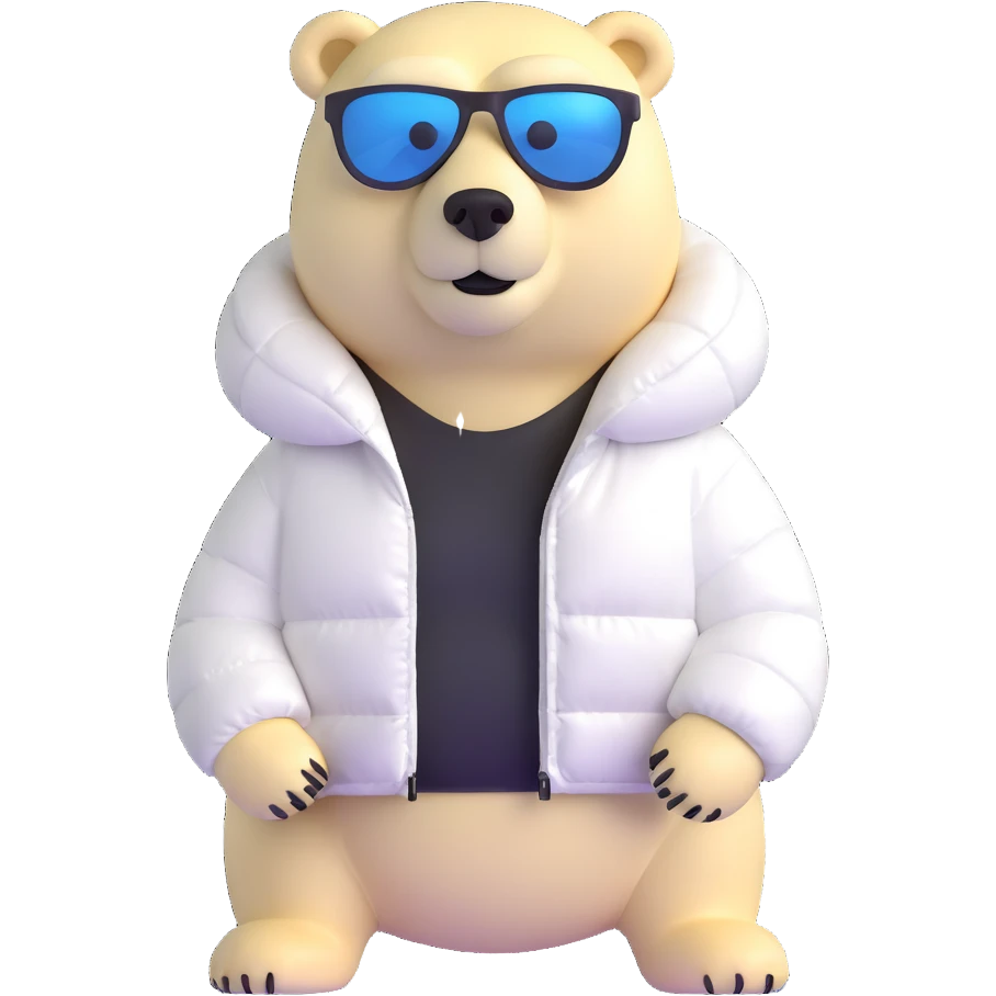 polar bear wearing a white puffer jacket and sunglasses emoji