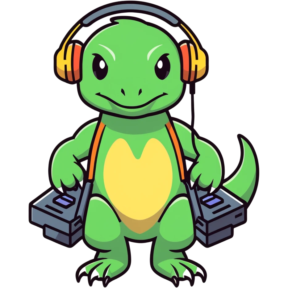 a gaming raptor, cartoon style, wearing headphones, playing video games emoji
