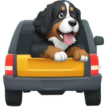 bernese mountain dog driving a gray SUV on a windy treelined road emoji