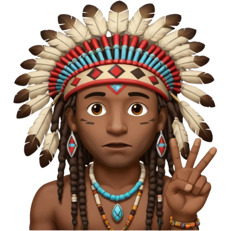 Black American man dark brown with dreads with a American Indian headdress with one finger pointing at his mouth with a yea he lying face emoji