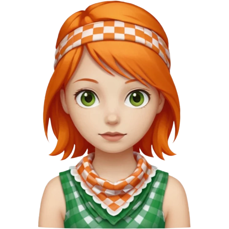 girl orange hair, wear red and white checkered bandana, green dress emoji