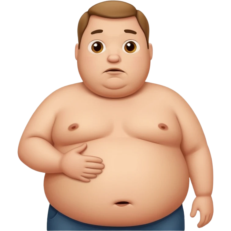 a cartoon fat man holding his stomach while looking confused? emoji