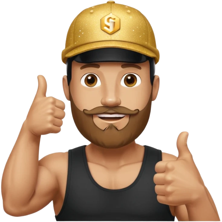 Bald bearded muscular man in cap giving thumbs up, Instagram logo, golden 500, sparkles, minimal emoji style emoji
