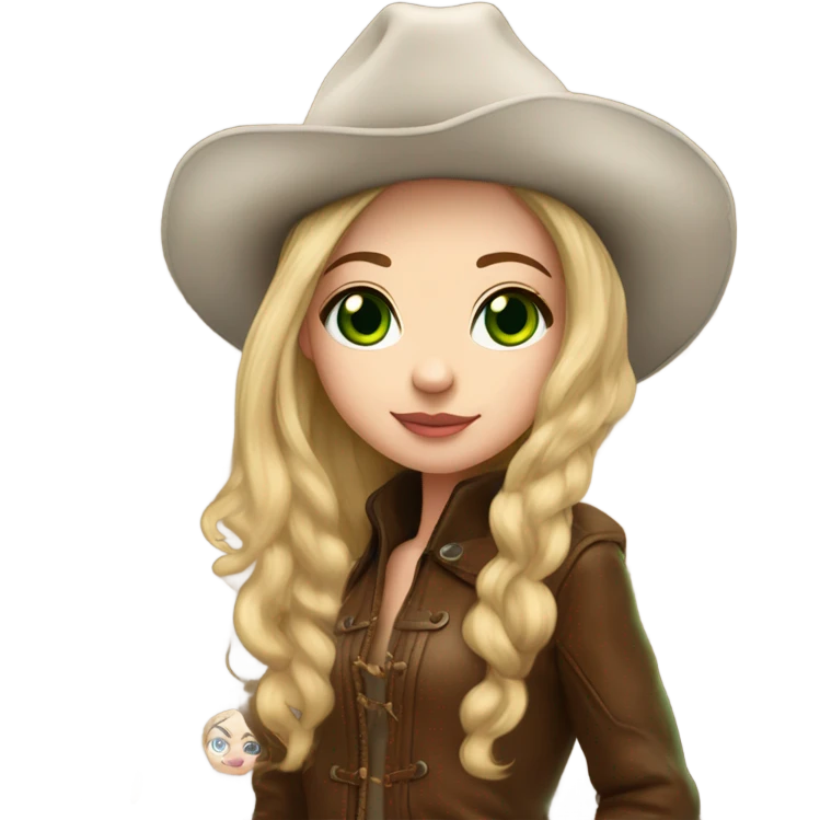 Realistic White girl with Long straight blonde hair, green eyes, tattoos, full body wearing Brown fur coat and fur hat and Brown leather boots, doing cute pose emoji