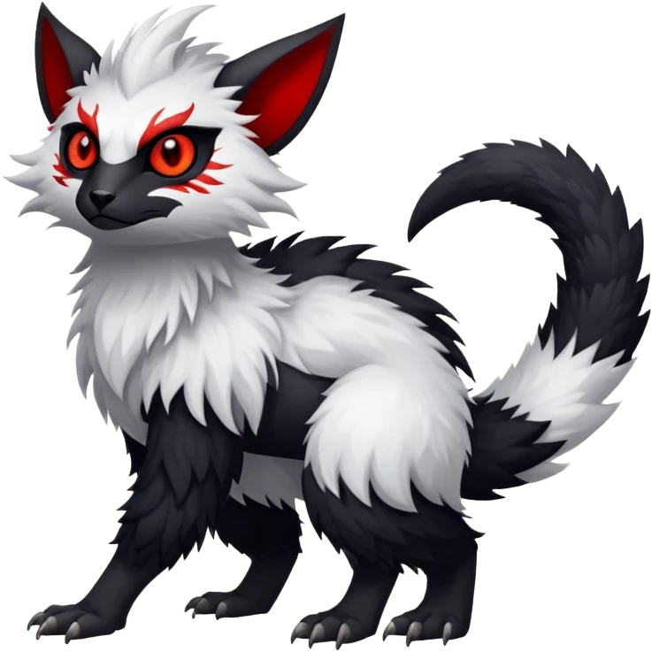 a white exotic edgy vernid-fionbr-Fakémon-creature, with black belly and red eyes, full body emoji