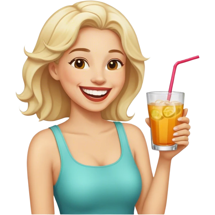 Woman laughing while holding a drink emoji