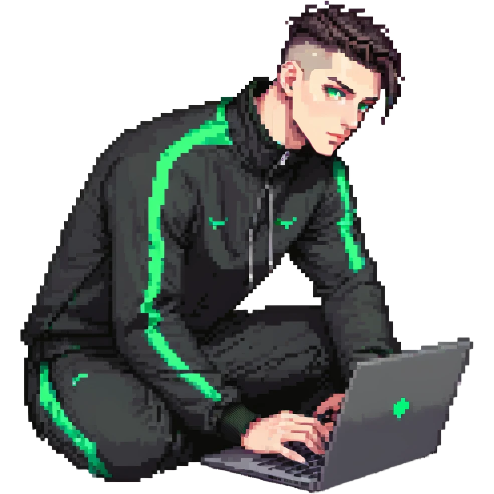 male with dark hair, high fade haircut, high slick back hairstyle, green eyes, wearing a black tracksuit, coding on black laptop emoji