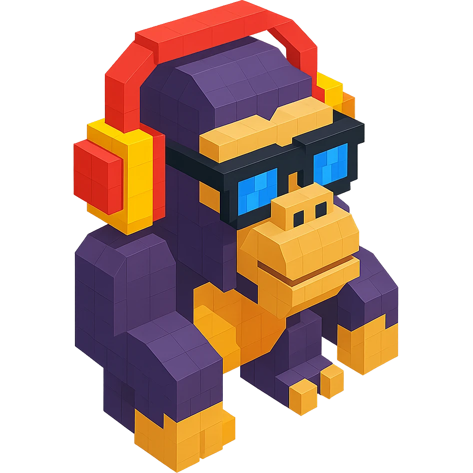 voxel style gorilla with sunglasses and headphones, isometric view emoji