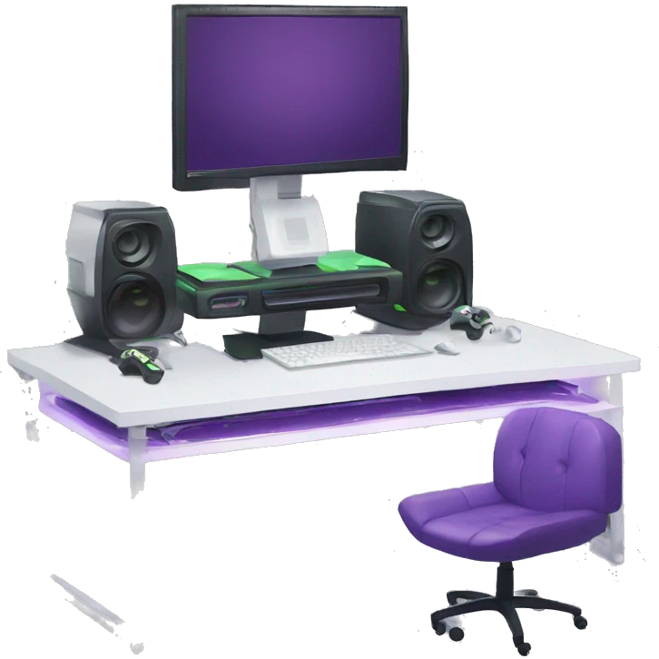 gaming setup, lighting, white purple chair, green purple theme, computer host,  emoji
