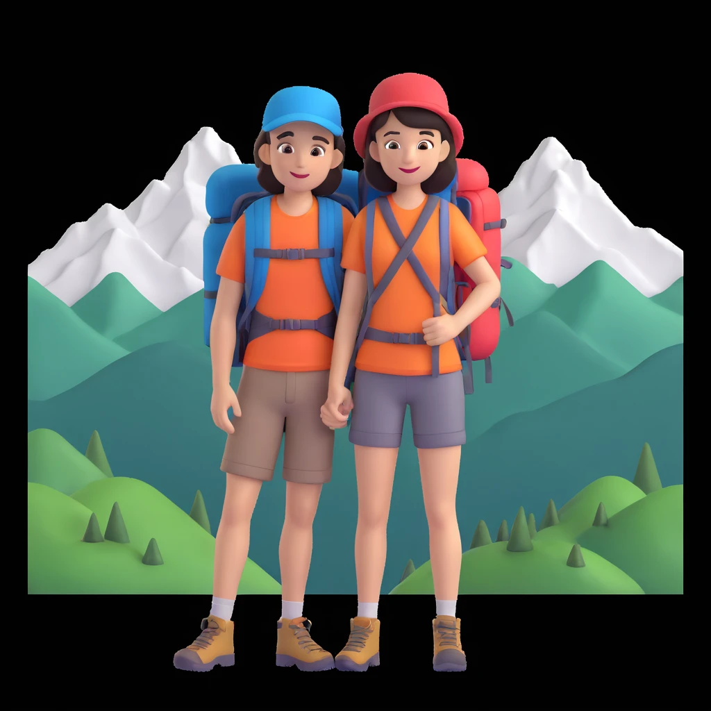 back packer couple posing, mountains in background,   close up pose emoji