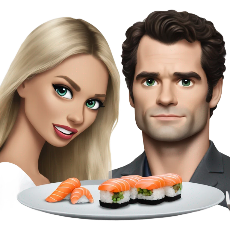 realistic photo of Henry Cavill eating sushi with a beautiful  victoria secret model  emoji