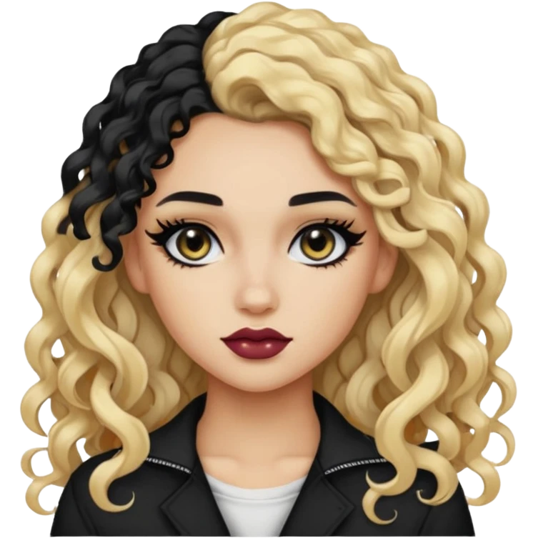 split dye leftside blonde rightside black hair, baddie, pretty makeup, black eyeliner, long curly hair emoji