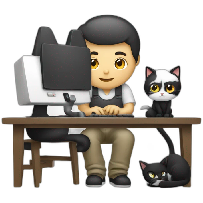 a programmer sits at a computer from the back and a black and white cat sits next to him emoji
