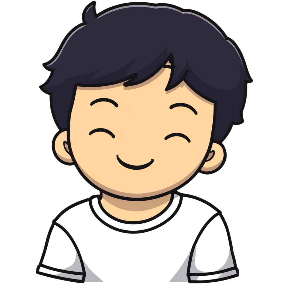white boy smiling with right hand behind head, black hair, closed eyes emoji