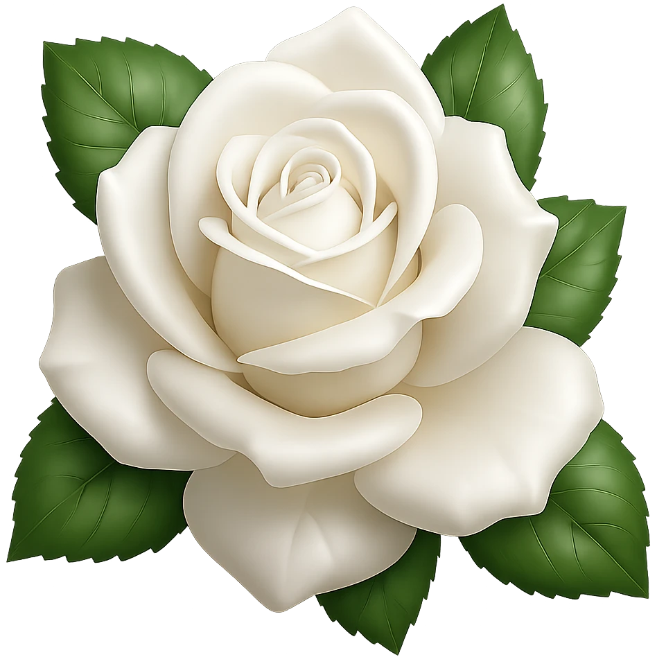 Create a 3D illustration of a white rose with leaves in the style of iOS Apple emoji. The rose should have voluminous petals and realistic leaves, on a transparent square background. Emulate the look and feel of Apple emoji style with detailed shading and smooth gradients. emoji