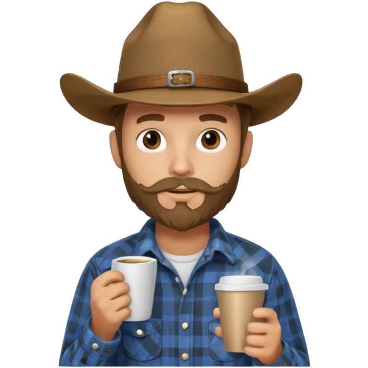 generate an ios genmoji of a 20 year old tan boy with a cowboy hat and mutton chop beard. Wearing a flannel and carrying a coffee mug emoji