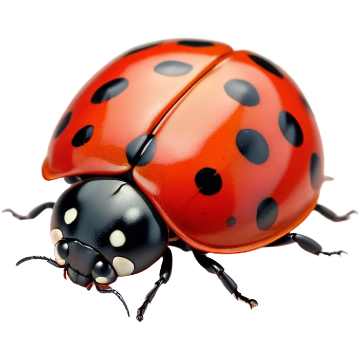 Beautiful and Majestic Ladybug Portrait Emoji, Head and body rendered in serene repose with a gentle, content smile, showcasing a tiny, perfectly rounded red shell with softly defined black spots and eyes gently closed in tranquil repose, Simplified yet exquisitely endearing features, highly detailed, glowing with a soft, drowsy red light, high shine, relaxed and utterly noble, stylized with an air of timeless garden beauty, soft glowing outline, capturing the essence of a beautiful and majestic ladybug that embodies the delicate charm of nature! emoji