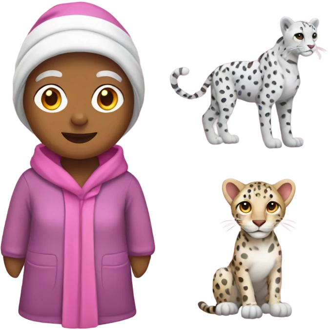 Grandma with beanie and a pink robe with white cheetah print emoji