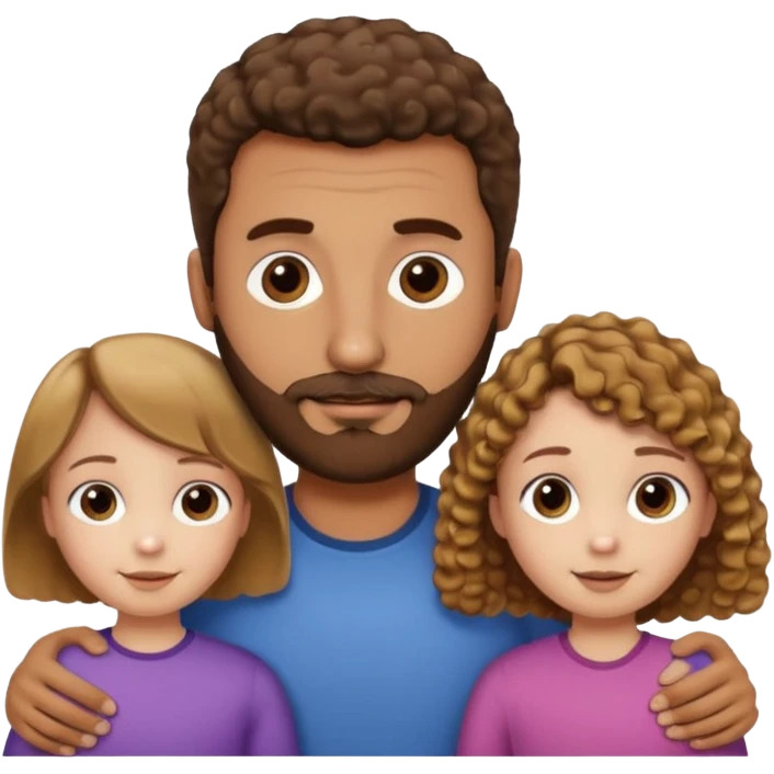 Brown dad with a short straight hair cut and stubble beard with his two daughters bone who is 5 and has blone brown curly hair and one who is smaller who has curly hair brown emoji