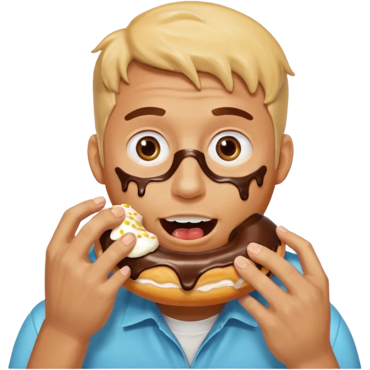 A man messily eating a filled donut, the donut is filled with Boston cream and it’s making a mess everywhere emoji