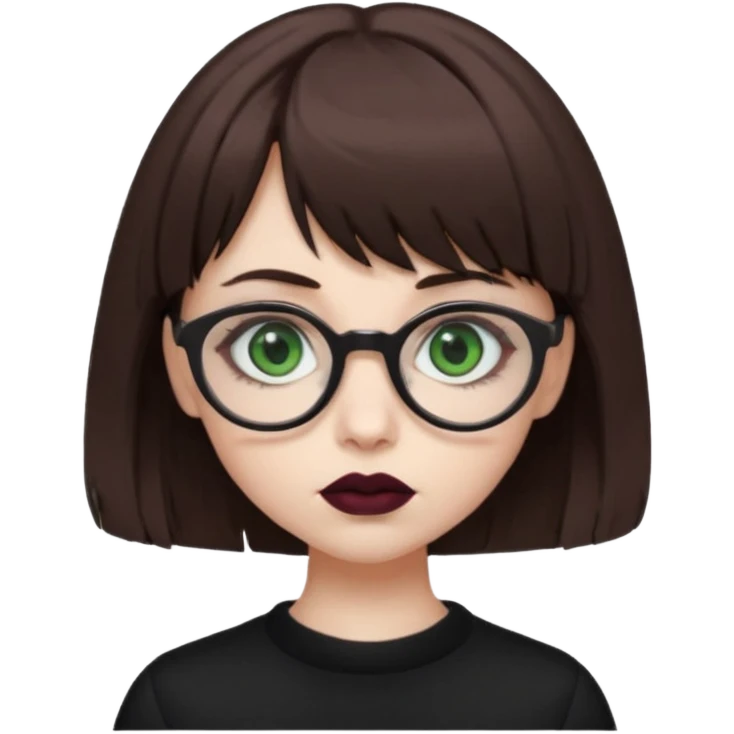 girl that has brown shaggy cut hair with baby bangs, has green eyes and wears glasses, she is goth  emoji